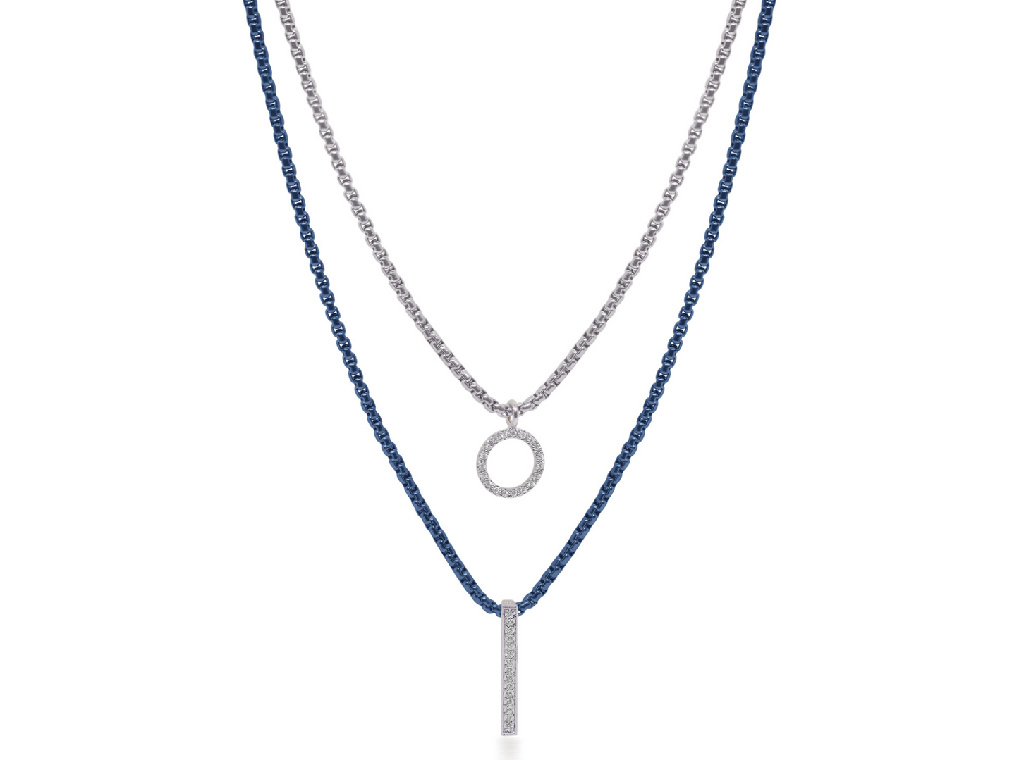 Blueberry & Grey Chain Double Layered Necklace with 14kt White Gold & Diamonds