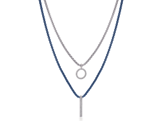 Blueberry & Grey Chain Double Layered Necklace with 14kt White Gold & Diamonds