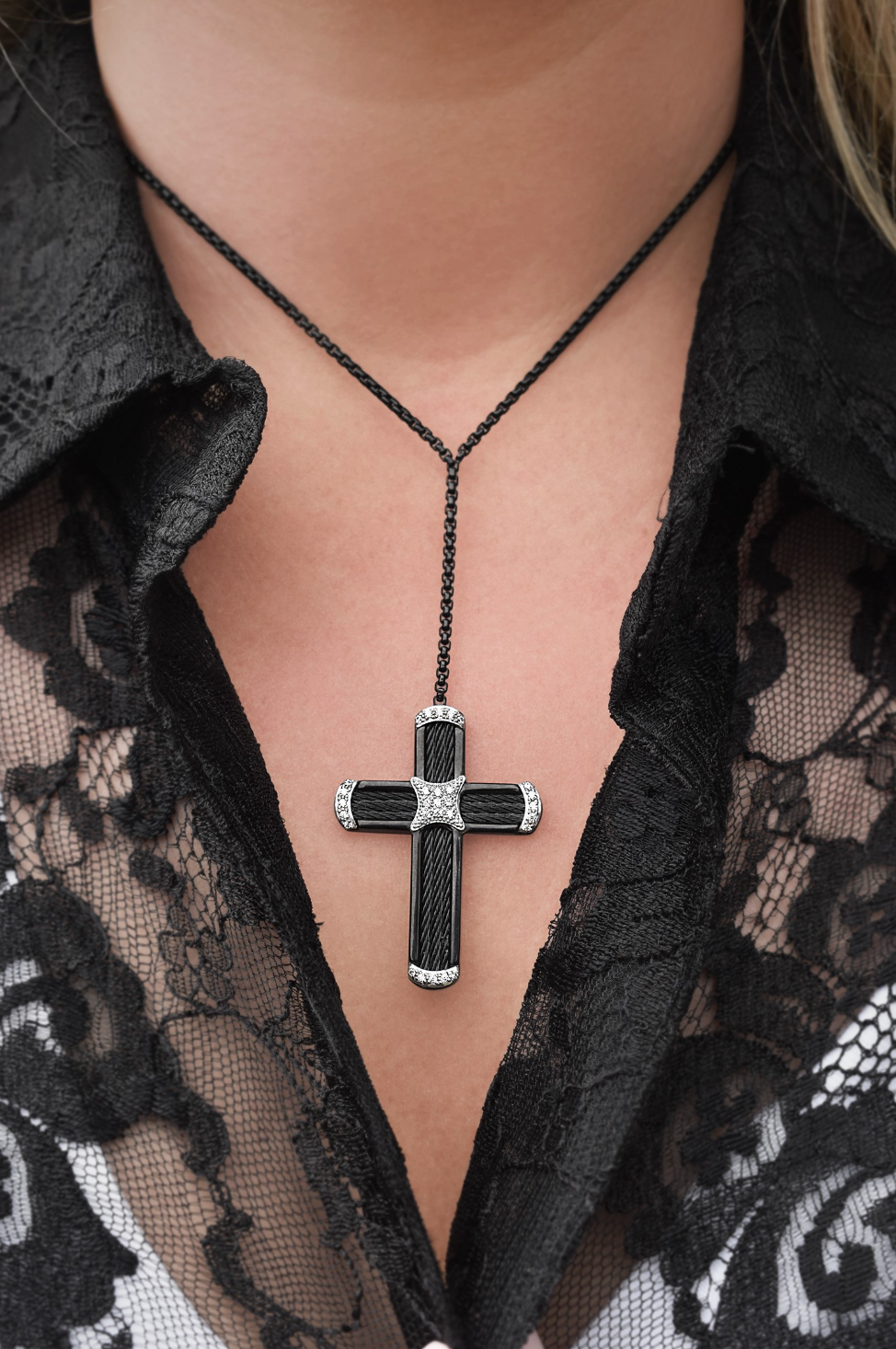 Black Cable & Chain “WY” Cross Lariat Necklace with 14K Gold & Diamonds