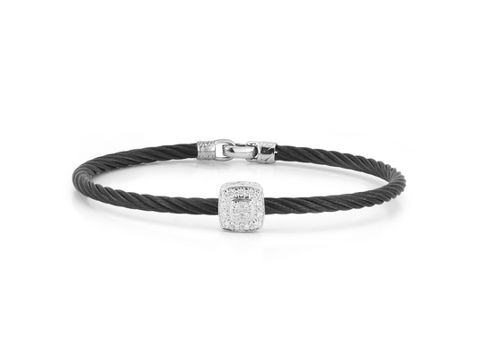 Black Cable Essential Stackable Bracelet with Single Large Square Diamond Station set in 18kt White Gold