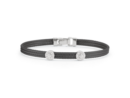Black Cable Classic Stackable Bracelet with Triple Round Station set in 18kt White Gold