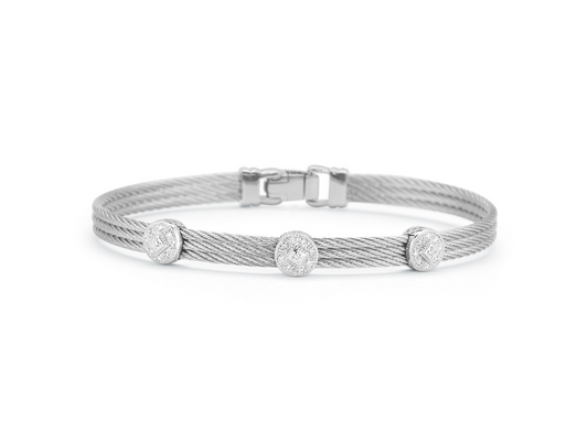 Grey Cable Classic Stackable Bracelet with Triple Round Station set in 18kt White Gold