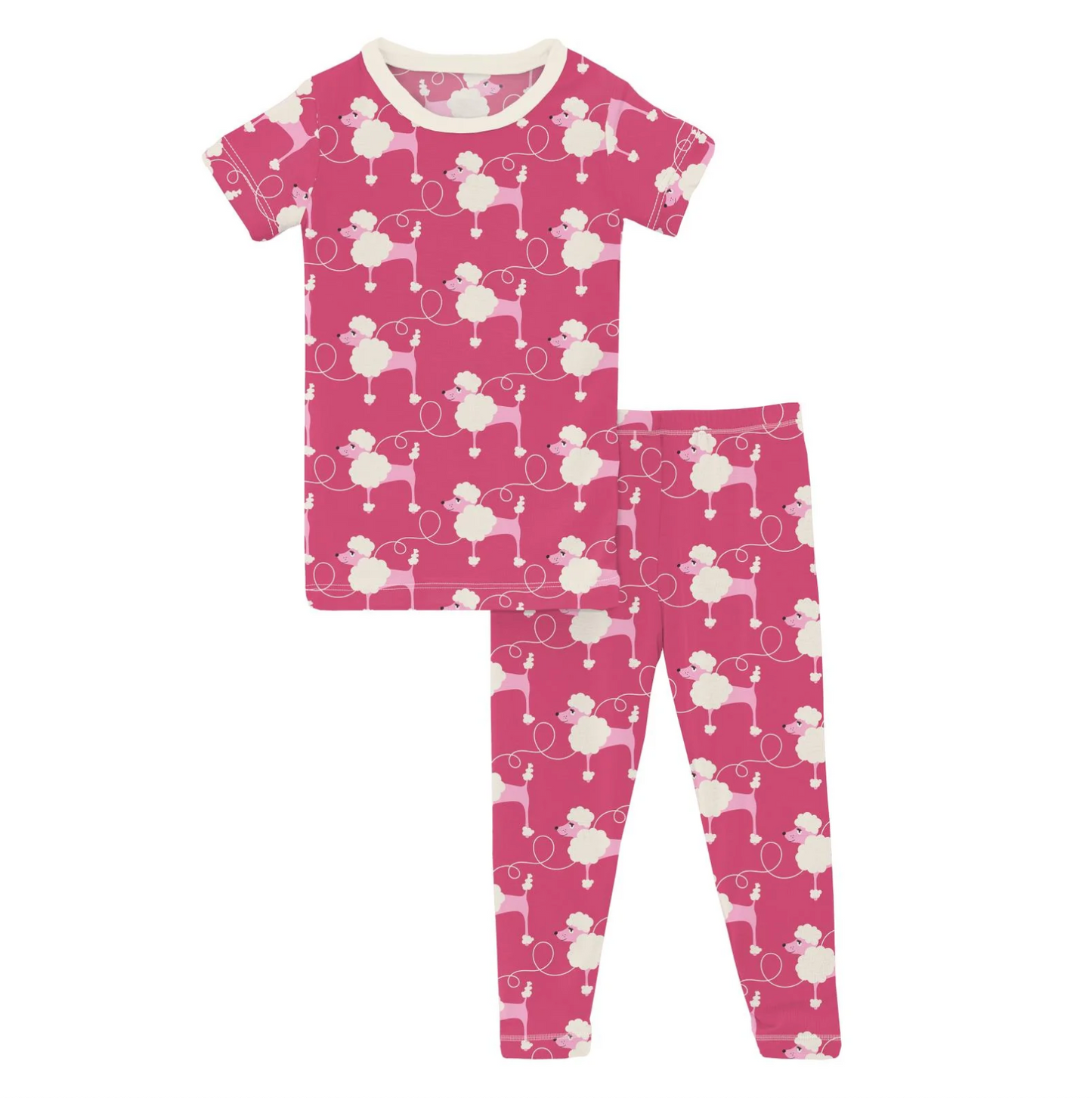 Print Short Sleeve Pajama Set in Flamingo Poodles